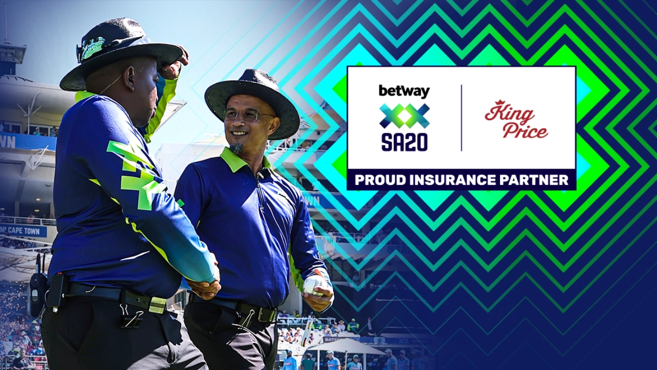 SA20 cricket umpires smiling on field with King Price and Betway sponsorship logos in the background