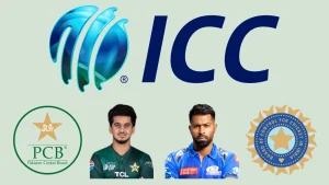 Collage featuring cricketers Saim Ayub and Hardik Pandya alongside logos of ICC, BCCI, and PCB, representing international cricket in 2025.