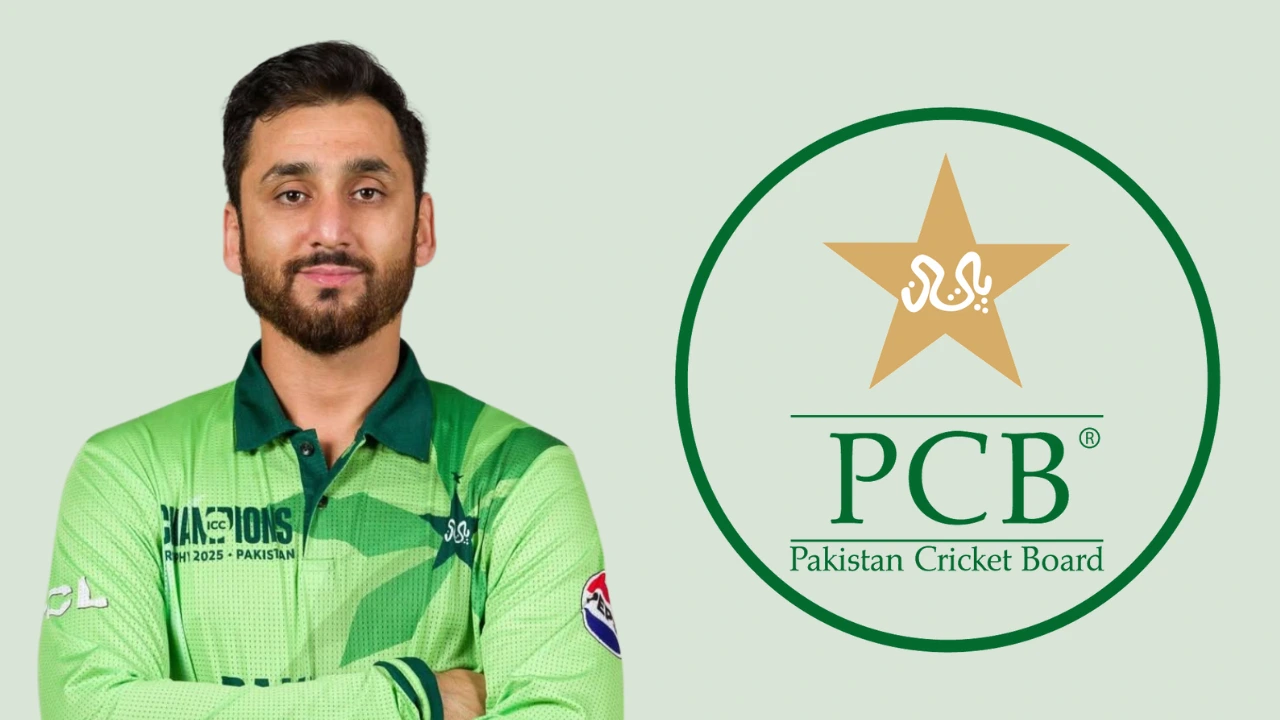 Pakistani cricketer Salman Ali Agha in team jersey posing beside the Pakistan Cricket Board (PCB) logo