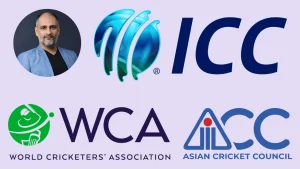 Sanjog Gupta with logos of ICC, Asian Cricket Council, and World Cricketers’ Association on a light purple background