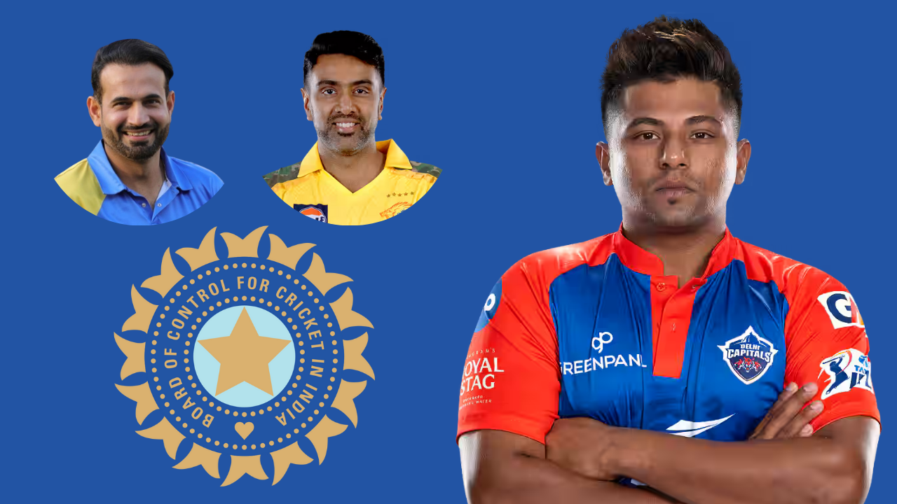 Indian cricketer Sarfaraz Khan in Delhi Capitals jersey alongside images of Irfan Pathan and Ravi Ashwin, with the BCCI (Board of Control for Cricket in India) logo in the background on a blue backdrop.