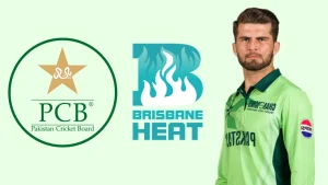 Shaheen Shah Afridi with Pakistan Cricket Board (PCB) and Brisbane Heat logos in the background.