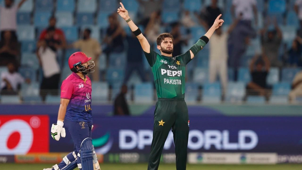 Shaheen Shah Afridi celebrates after taking a wicket while playing for Pakistan in an international cricket match