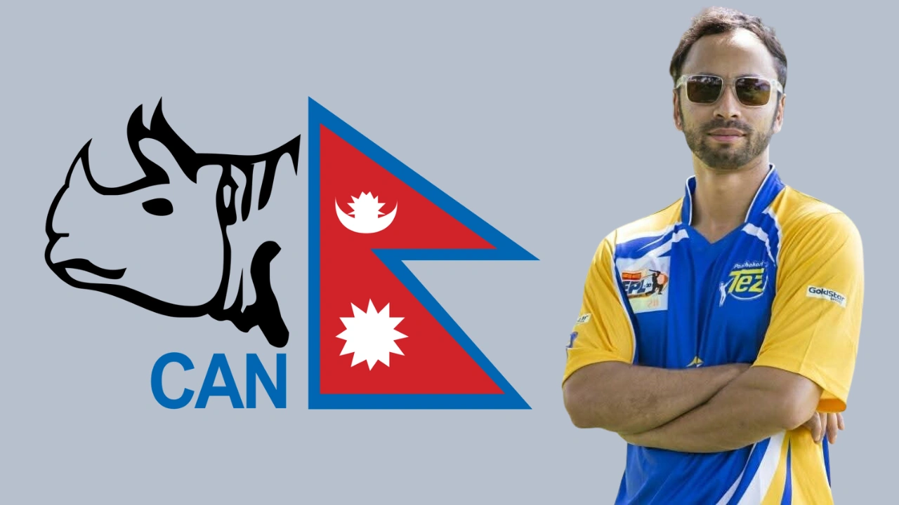 Sharad Vesawkar in cricket jersey standing beside the Cricket Association of Nepal (CAN) logo with Nepal flag