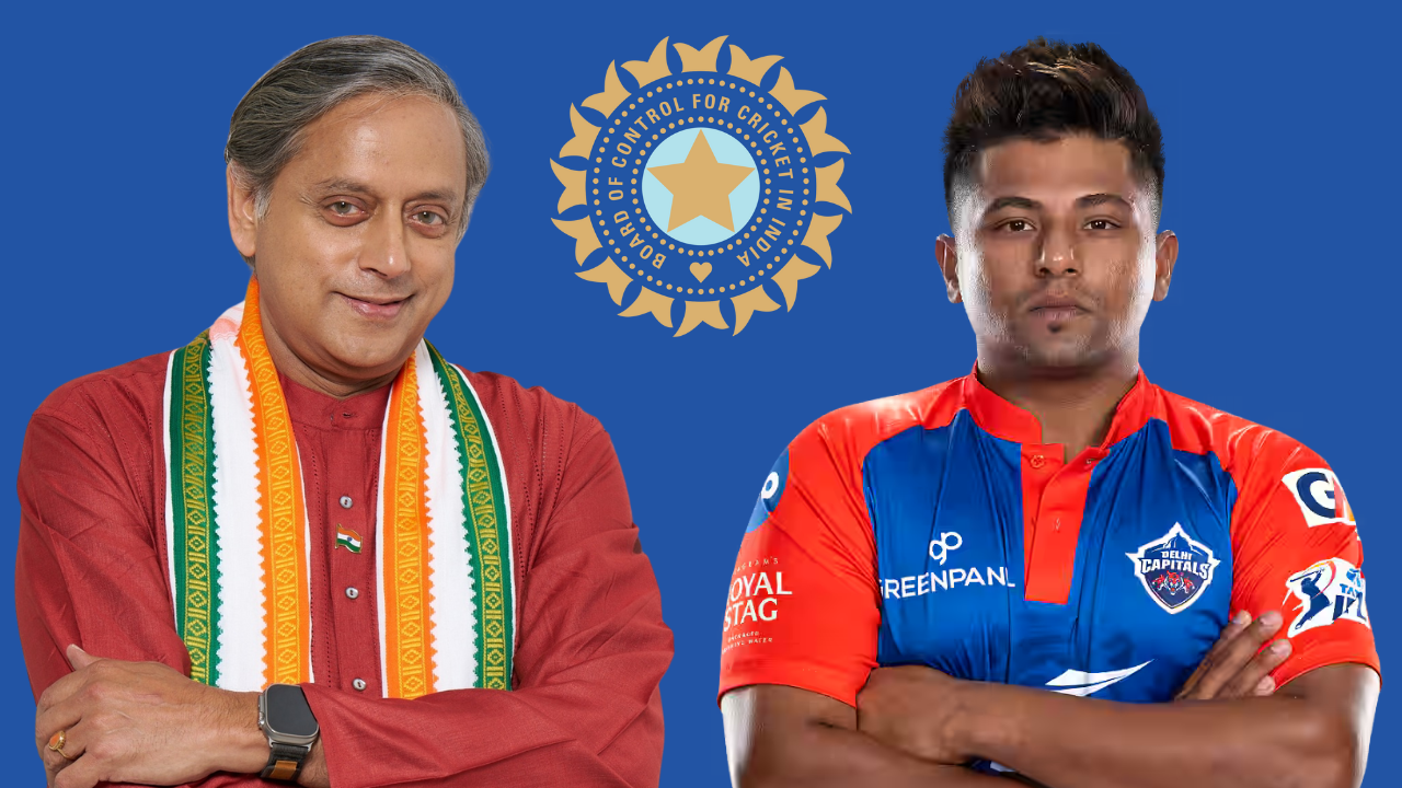 Shashi Tharoor and cricketer Sarfaraz Khan with the BCCI logo in the background, symbolizing Indian cricket and governance crossover