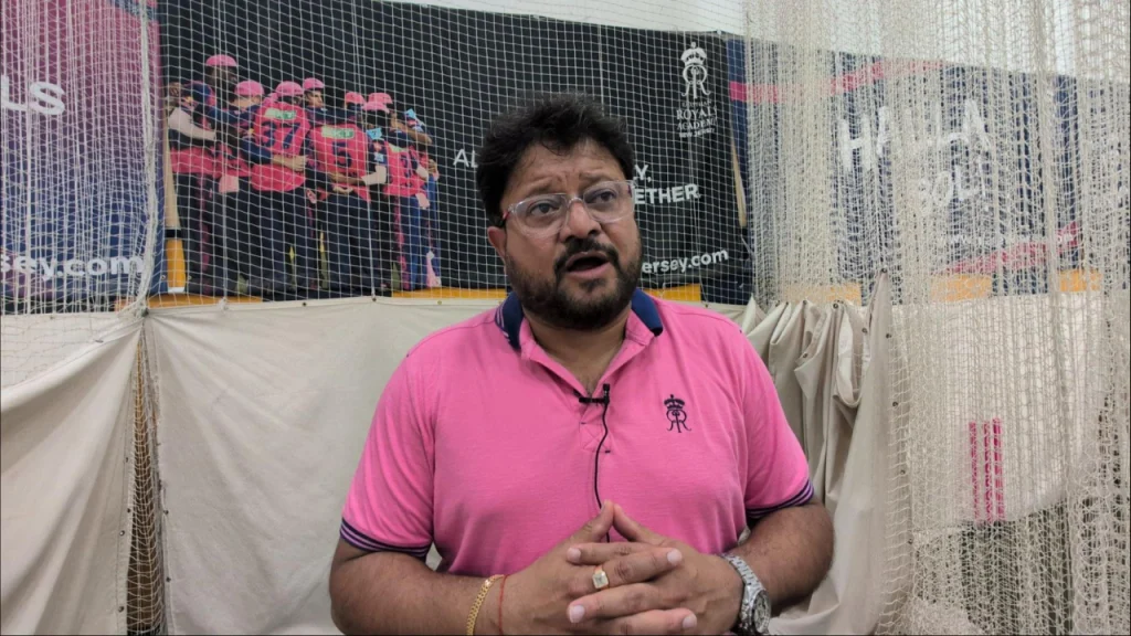 Sid Lahiri speaking at the Rajasthan Royals Academy indoor nets facility in New Jersey, USA