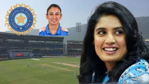 Smriti Mandhana and Mithali Raj with the BCCI logo in the background of Visakhapatnam Cricket Stadium during a live match.