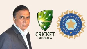 Former Indian cricketer Sunil Gavaskar with Cricket Australia and BCCI logos in a cricket-themed graphic