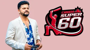 Suresh Raina posing in front of the Canada Super 60 cricket league logo on a pink background.