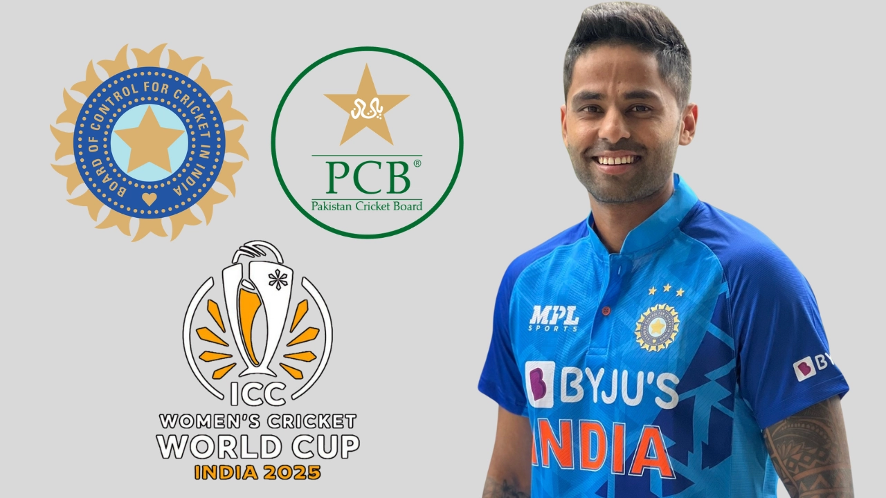 Indian cricketer Suryakumar Yadav with logos of BCCI, PCB, and ICC Women's Cricket World Cup 2025 in the background