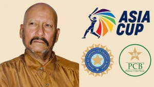 Syed Kirmani with Asia Cup logo alongside BCCI and PCB emblems on a beige background.