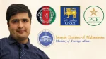 Syed Naseem Sadaat with logos of the Afghanistan Ministry of Foreign Affairs, Afghanistan Cricket Board, Pakistan Cricket Board, and Sri Lanka Cricket, symbolizing international cricket diplomacy.