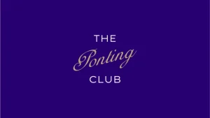 Logo of The Ponting Club with gold script and white text on a dark purple background.