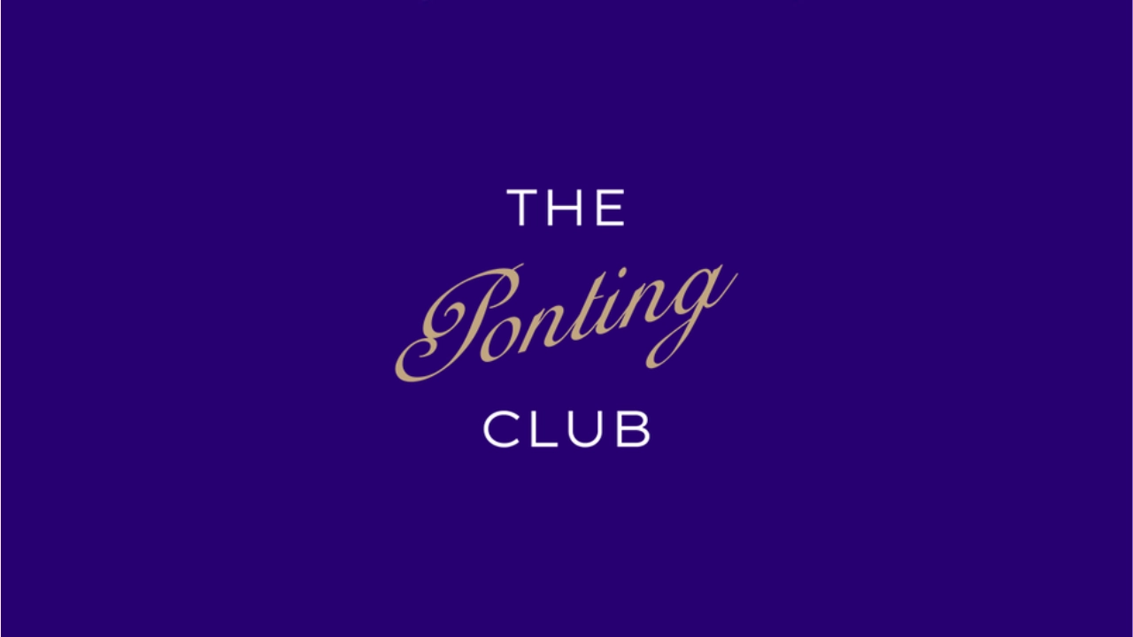 Logo of The Ponting Club with gold script and white text on a dark purple background.