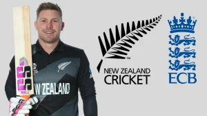 New Zealand cricketer Tim Seifert in national team jersey holding a bat, alongside New Zealand Cricket (NZC) and England and Wales Cricket Board (ECB) logos, symbolizing international cricket competition.