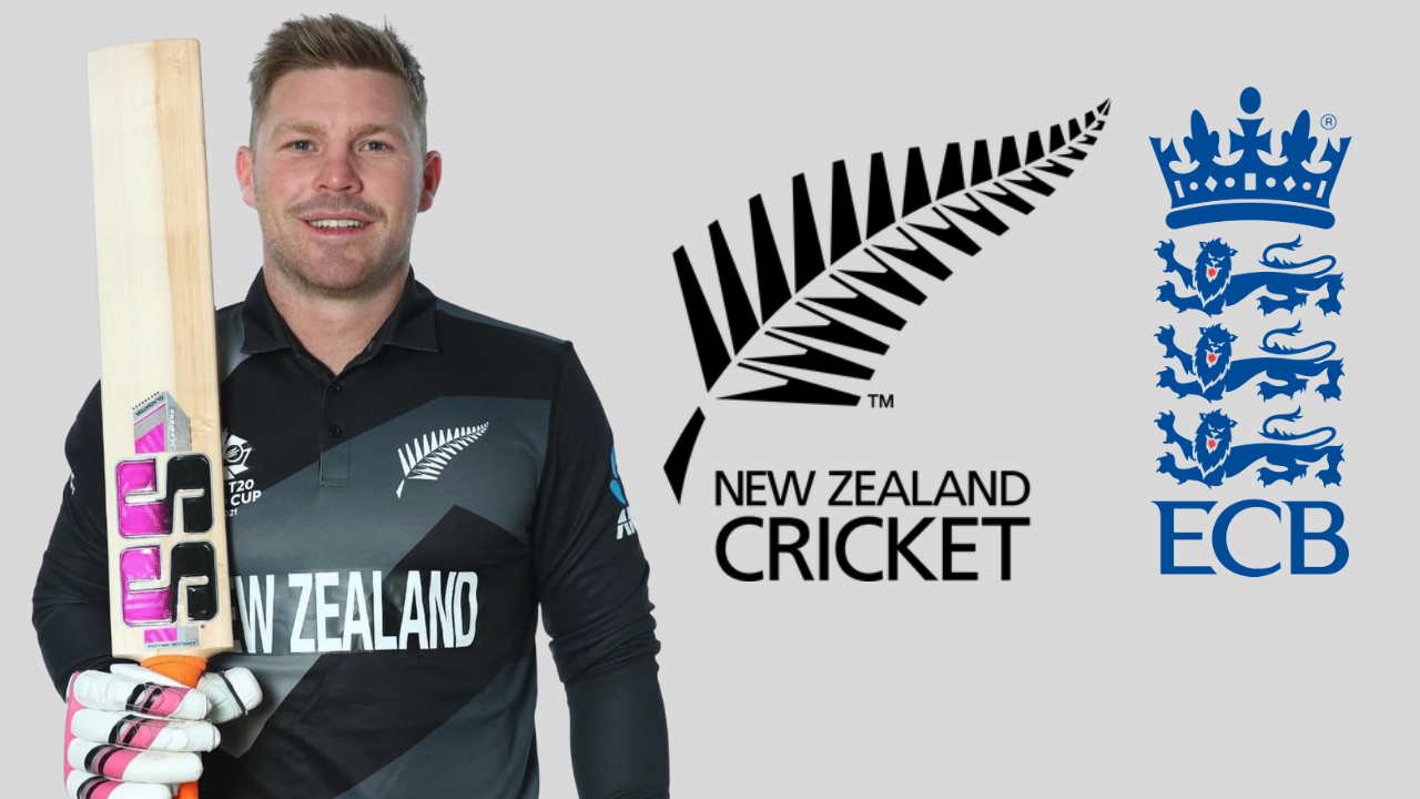 New Zealand cricketer Tim Seifert in national team jersey holding a bat, alongside New Zealand Cricket (NZC) and England and Wales Cricket Board (ECB) logos, symbolizing international cricket competition.