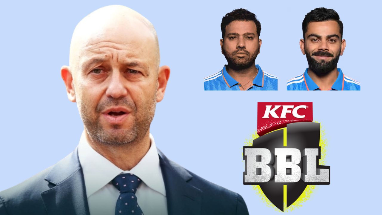 Todd Greenberg with BBL logo alongside Indian cricketers Rohit Sharma and Virat Kohli