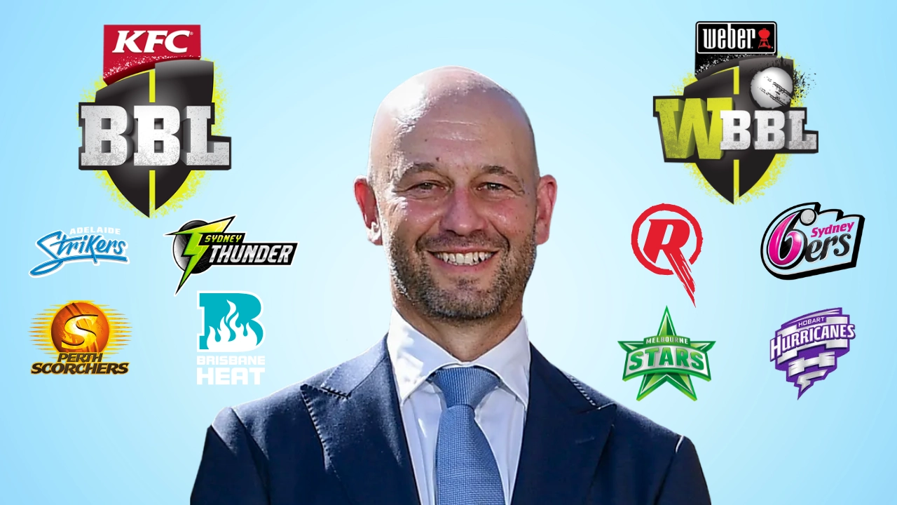 Todd Greenberg with logos of BBL, WBBL, and all Big Bash League teams on a light blue background