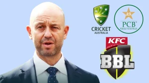 Todd Greenberg with logos of Cricket Australia, Pakistan Cricket Board (PCB), and Big Bash League (BBL)