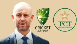 Todd Greenberg pictured alongside Cricket Australia and Pakistan Cricket Board (PCB) logos on a beige background