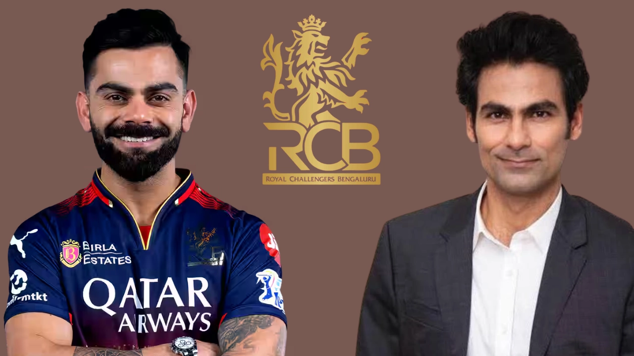 Virat Kohli in Royal Challengers Bengaluru jersey and Mohammad Kaif in a suit with the RCB logo in the background, symbolizing IPL 2025 association