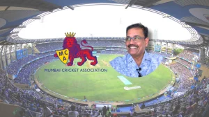 Wankhede Stadium with Dilip Vengsarkar and Mumbai Cricket Association (MCA) logo in the foreground