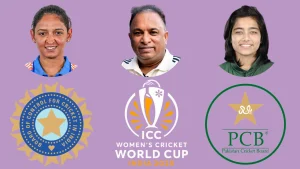 Harmanpreet Kaur, Fatima Sana, and Devajit Lon Saikia featured with BCCI, PCB, and ICC Women's Cricket World Cup 2025 logos on a purple background.