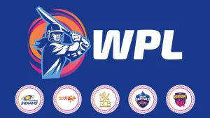 WPL logo with all Women's Premier League team logos including Mumbai Indians, Gujarat Giants, RCB, Delhi Capitals, and UP Warriorz