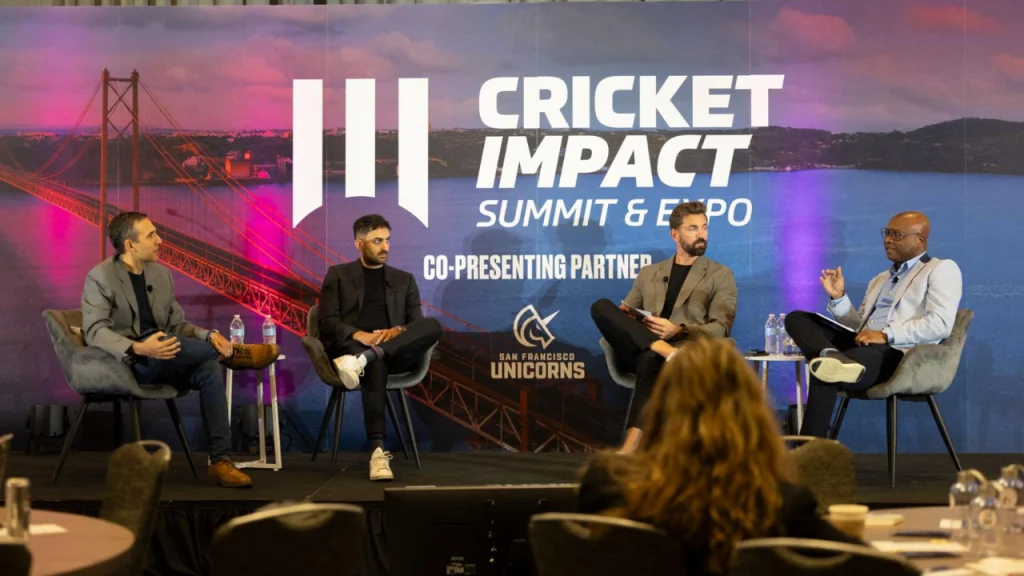 Panel discussion featuring Zaidi, Srinivasan, Liam Plunkett, and Clarke on corporate partnerships at the Cricket Impact Summit and Expo