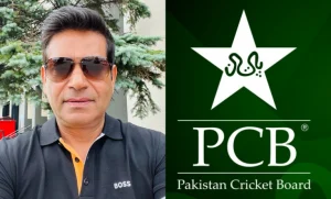 Aaqib Javed alongside Pakistan Cricket Board (PCB) logo, related to Pakistan cricket news 2025