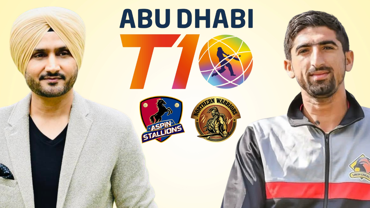Harbhajan Singh and Shahnawaz Dahani with Abu Dhabi T10 logo, Aspin Stallions and Northern Warriors team logos on yellow background