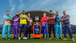 All team captains of the Abu Dhabi T10 League 2025 posing with the tournament trophy at the stadium.