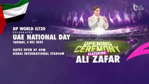Ali Zafar performing at ILT20 opening ceremony celebrating UAE National Day 2025 at Dubai International Stadium