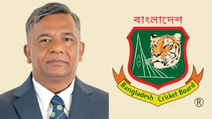Aminul Islam alongside the official logo of the Bangladesh Cricket Board (BCB) on a light beige background, representing his association with Bangladesh cricket.