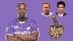 Andre Russell in Kolkata Knight Riders jersey alongside Aakash Chopra, Mohammad Kaif and KKR logo on purple background
