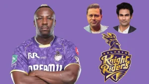 Andre Russell in Kolkata Knight Riders jersey alongside Aakash Chopra, Mohammad Kaif and KKR logo on purple background