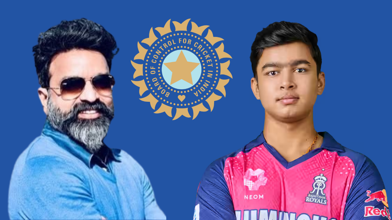 Arun Singh Dhumal and Vaibhav Suryavanshi seen alongside the BCCI logo, with Suryavanshi in Rajasthan Royals jersey.