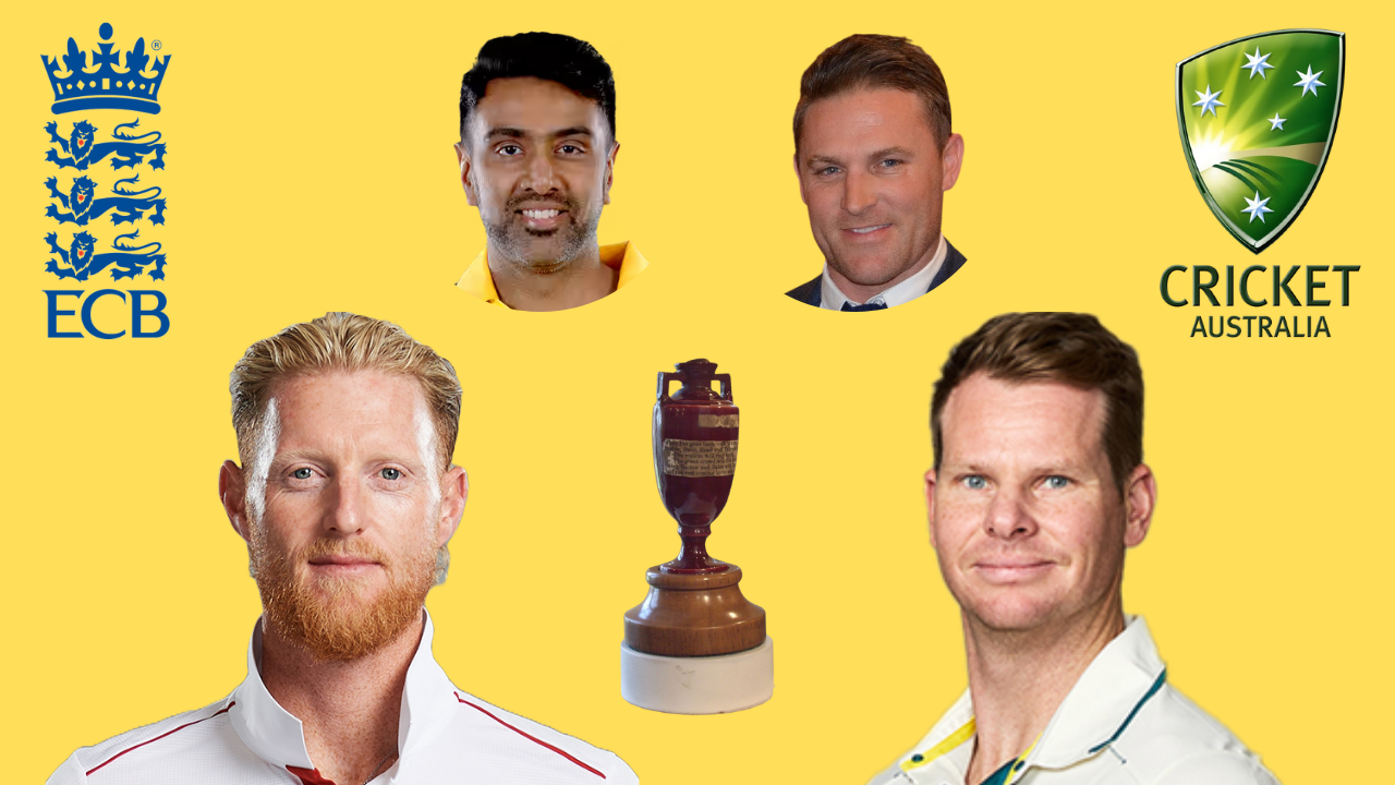 Ashes 2025 promo featuring Ben Stokes, Steve Smith, Ravi Ashwin, Brendon McCullum, the Ashes trophy, and logos of ECB and Cricket Australia on yellow background