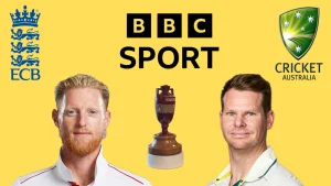 Ben Stokes and Steve Smith with the Ashes trophy, featuring BBC Sport, ECB, and Cricket Australia logos on a yellow background.