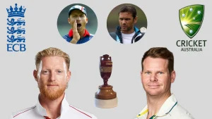 Ben Stokes and Steve Smith with the Ashes trophy, ECB and Cricket Australia logos, and former players Nasser Hussain and Mark Ramprakash, representing England vs Australia Ashes rivalry.