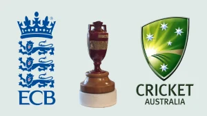 The Ashes trophy displayed between the England and Wales Cricket Board (ECB) logo and Cricket Australia logo.