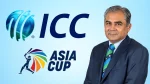 Mohsin Naqvi in formal attire with ICC and Asia Cup logos on a blue gradient background, representing cricket administration or tournament leadership.