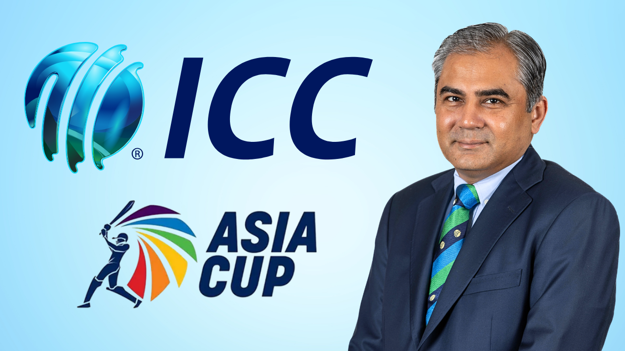 Mohsin Naqvi in formal attire with ICC and Asia Cup logos on a blue gradient background, representing cricket administration or tournament leadership.