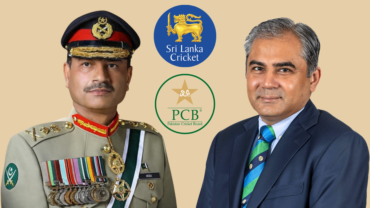 Field Marshal Asim Munir and PCB Chairman Mohsin Naqvi pictured alongside the Pakistan Cricket Board and Sri Lanka Cricket logos, symbolizing cricket-related collaboration or discussion.