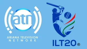 ATN Ariana Television Network and ILT20 league logos on blue background, representing broadcast partnership