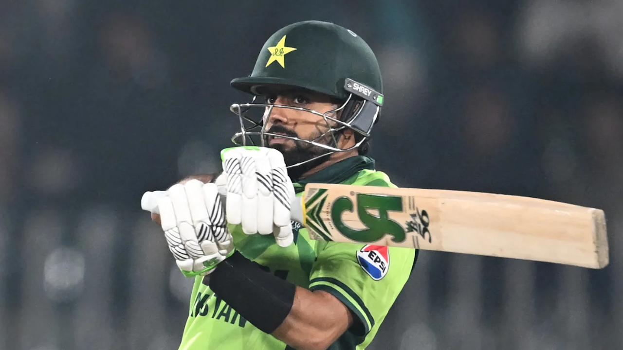 Babar Azam playing a shot during a match for Pakistan in the KFC Tri-Nation Series 2025.