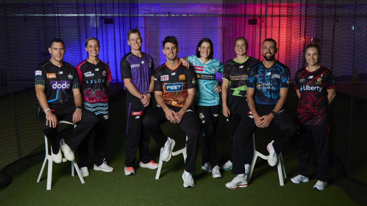 BBL and WBBL male and female cricketers wearing First Nations jerseys during a promotional shoot for the 2025 season.