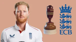England Test captain Ben Stokes with the Ashes trophy and ECB logo, representing England's campaign in the Ashes 2025 series