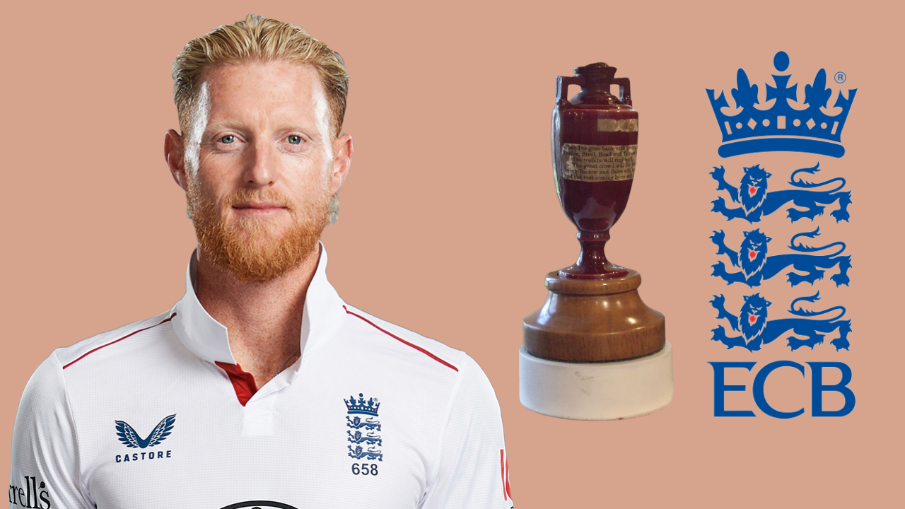 England Test captain Ben Stokes with the Ashes trophy and ECB logo, representing England's campaign in the Ashes 2025 series