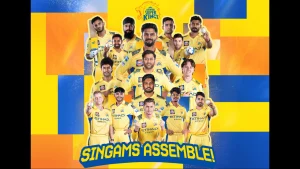 Chennai Super Kings 2025 IPL squad poster with players in yellow jerseys posing under the tagline “Singams Assemble!” against a vibrant background.